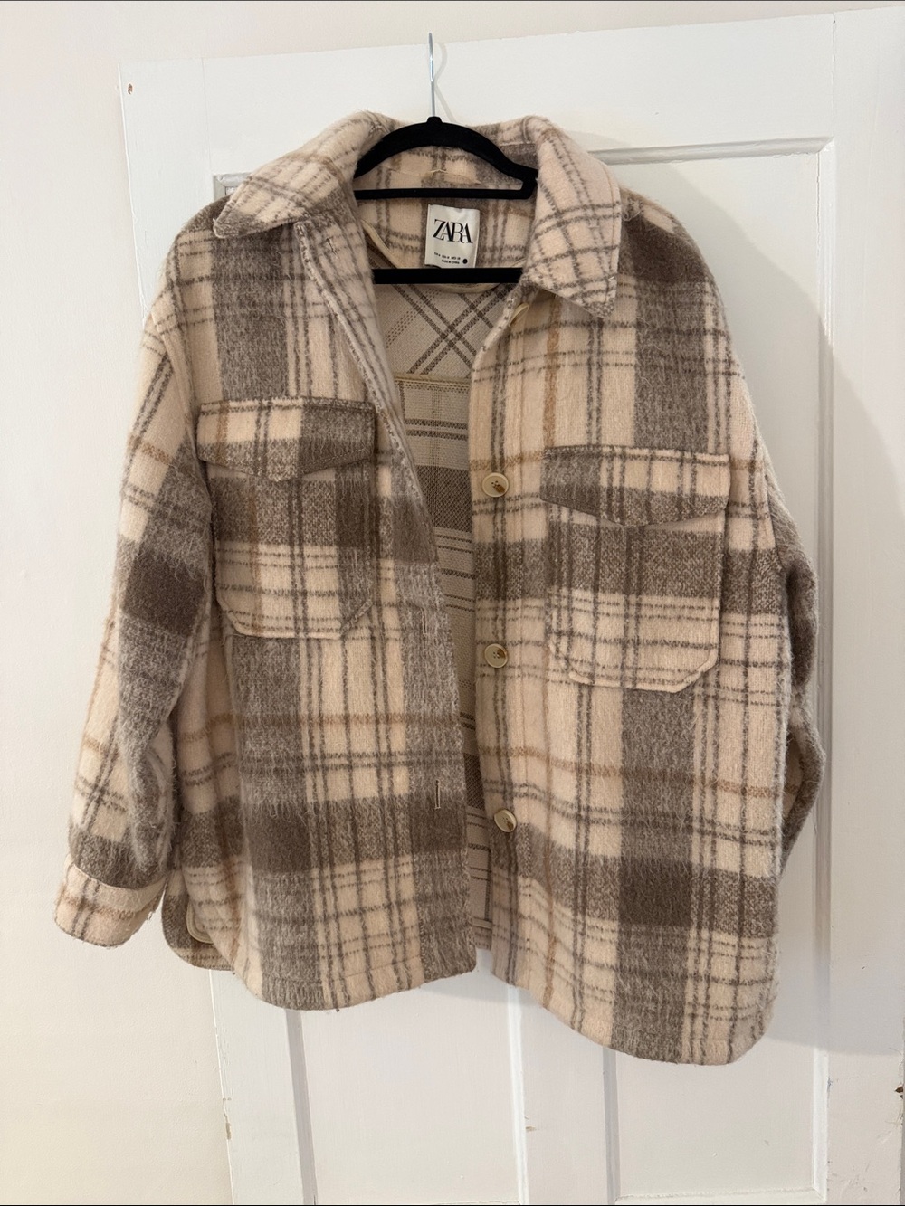 Zara Beige and Brown Plaid Wool Shacket